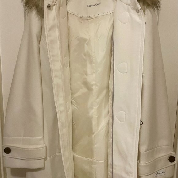 NWOT CALVIN KLEIN White Brown DUFFLE COAT TOGGLE ZIP Removeable FUR HOOD XL! - Picture 8 of 8